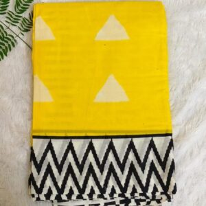 Solid Printed Kalamkari Handloom Pure Cotton Saree (Yellow, Black)