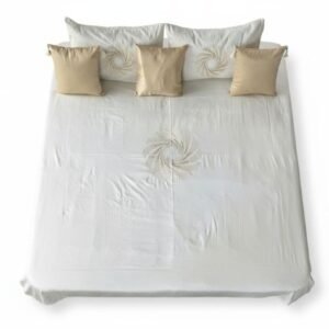 Elegant Spiral Mandala Cotton Bedding Set with Tasseled Accents (Pristine White & Gold)