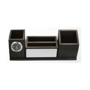 Executive Wooden Multi-Functional Desk Organizer with Analog Clock & Custom Branding Plate