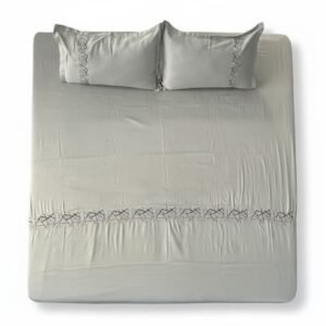 LuxeHome Premium Silver-Grey Cotton Bedsheet with Geometric Embroidery Border