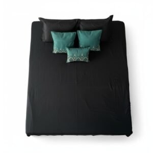 Midnight Noir Premium Bedsheet Set – With Embroidered Teal Accent Cushions