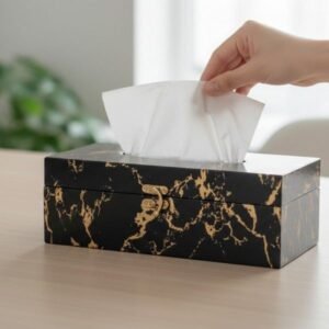 Marble-Finish Luxury Wooden Tissue Box with Vintage Gold Latch