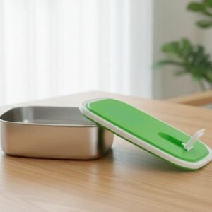 Stainless Steel Rectangular Lunch Box with Easy-Lift Green Lid
