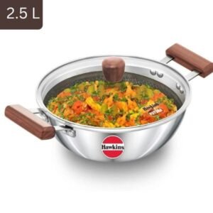 Hawkins Futura Stainless Steel Deep Fry Pan (Kadhai) with Glass Lid 2.5 L, 24 cm, 3 mm Thick